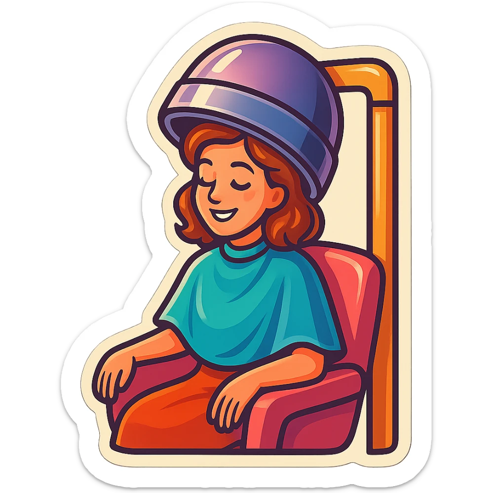 a girl sitting in a beauty salon getting a hair treatment, bright and cheerful sticker