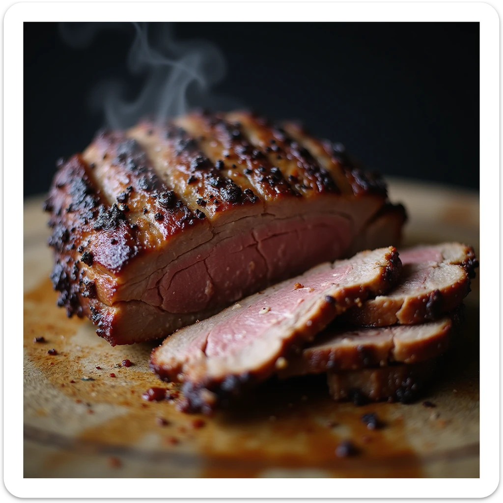 smoked beef brisket, whole piece with bark, sliced ends, steam rising, mouthwatering, no text sticker