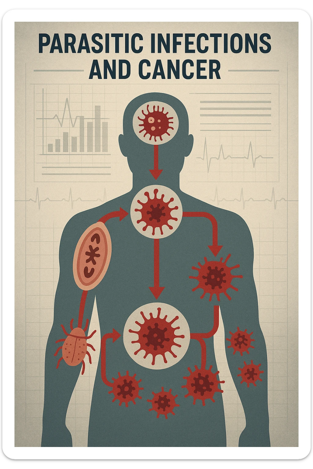 a man’s silhouette is filled with stylized images of parasites and tumor cells, connected by red lines or arrows to show cause and effect. The background features a medical chart or infographic about the dangers of untreated parasitic infections. The overall tone is serious and educational. scritto in italiano sticker