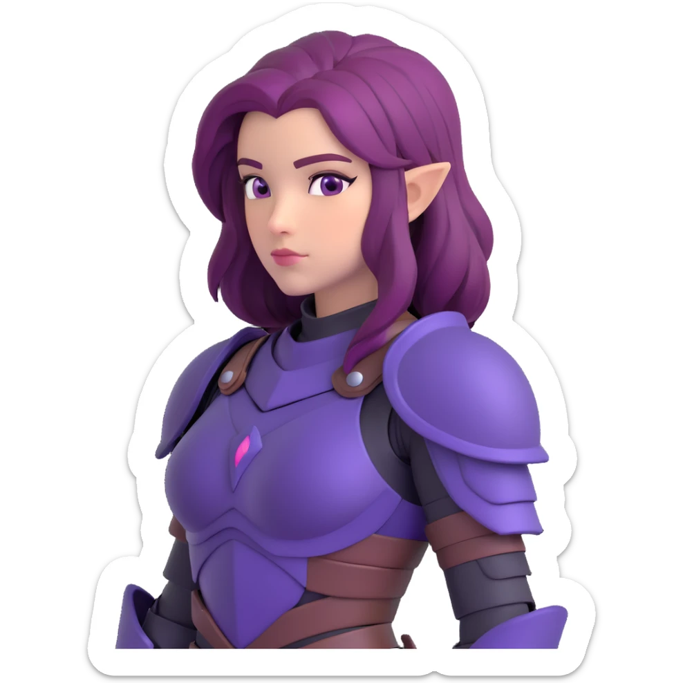 mysterious warrior girl with flowing purple hair, dressed in black armor, looking over her shoulder, emoji style sticker