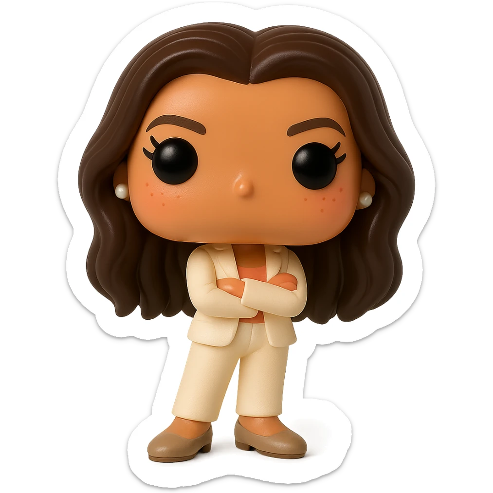 Create a Funko Pop style vinyl figure of Eva Longoria with ultra high quality details: luminous smooth tanned skin, extremely detailed dark hair, hyper-textured feminine cream suit (jacket and pants), small pearly earrings, greige leather loafers clearly visible, arms crossed, rosy cheeks, very discreet freckles, eyelashes, mischievous and cheerful expression, no mouth, transparent background. sticker