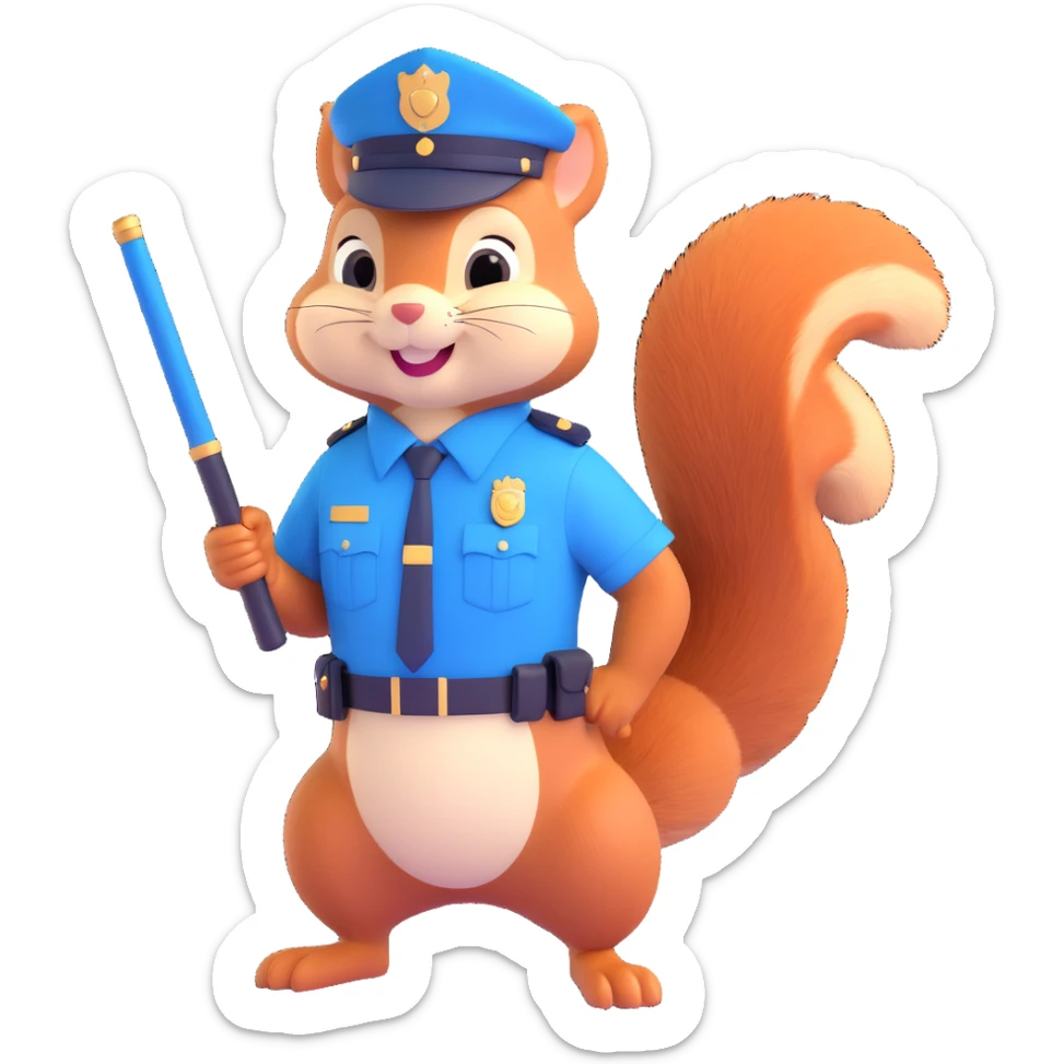 a cartoon squirrel in a police officer outfit, holding a baton, smiling, blue uniform sticker
