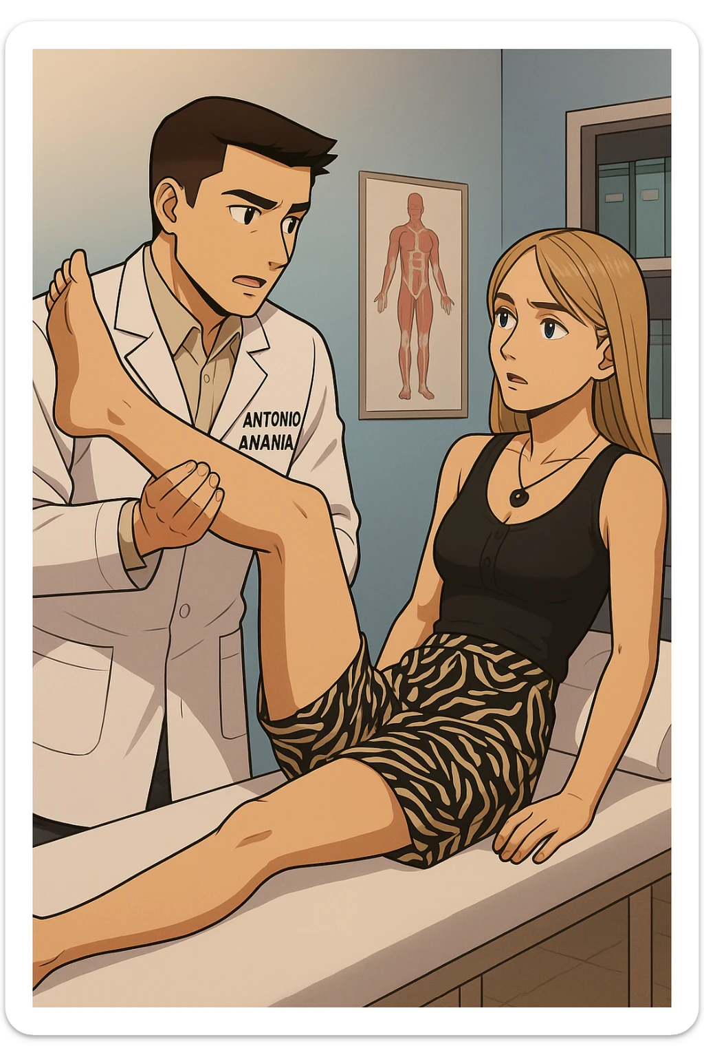 fai un webtoon/manga a colori con questo kinesiologo in camice bianco (fagli la scritta "ANTONIO ANANIA" SUL CAMICE) CHE SVOLGE UN TEST NEUROMUSCOLARE SOLLEVANDO UNA GAMBA ALLA RAGAZZA CHE è STESA SU UN LETTINO BIANCO. DURANTE IL TEST I DUE DIALOGANO TRA LORO. NON FARE I FUMETTI, FAI SOLO LORO COME SE DIALOGASSERO sticker