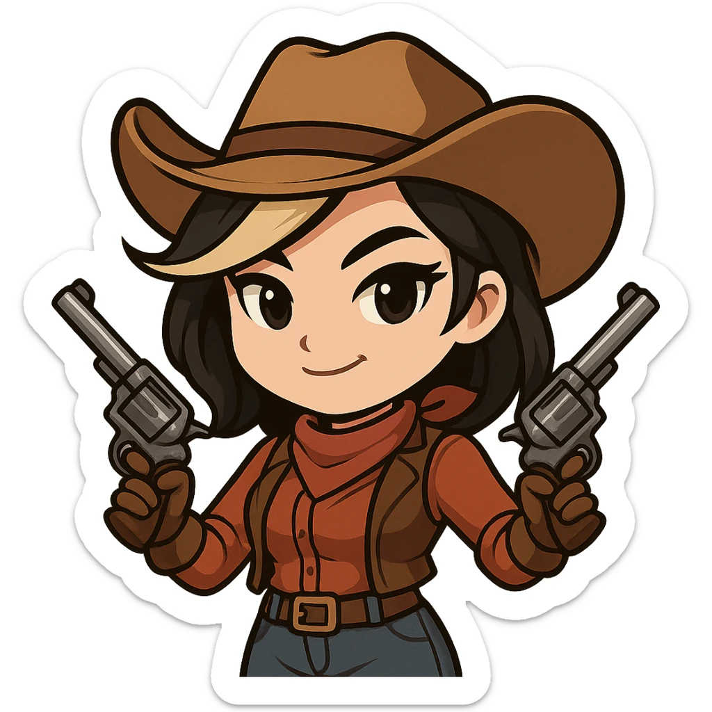 Chibi cowgirl with slightly longer hair and a blonde streak, wearing a cowboy hat and western outfit, holding two revolvers, confident pose with hands on hips, smirking expression, chibi/anime style, transparent background, sized for Twitch or Discord use. sticker