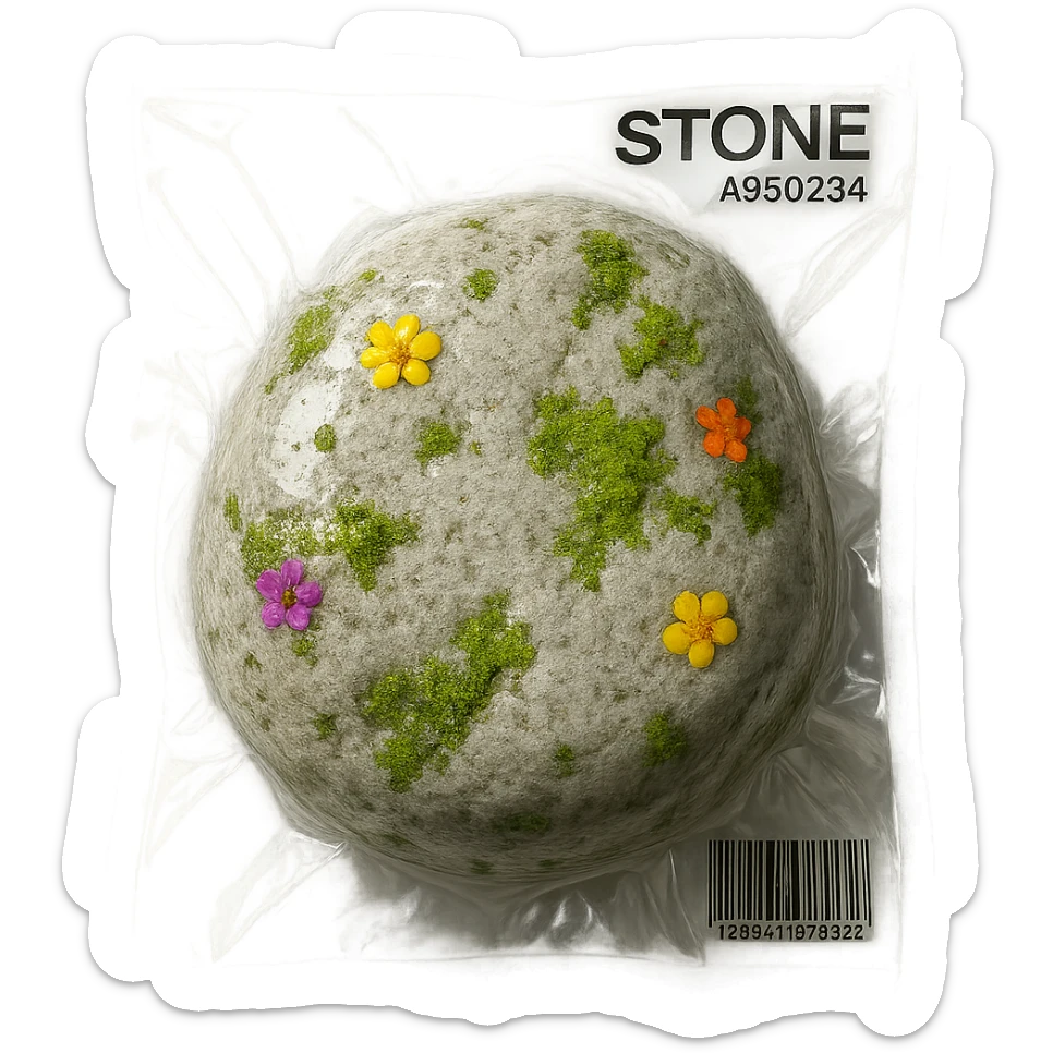large light gray stone with scattered small colorful flowers and patches of green moss, glossy and puffy sticker