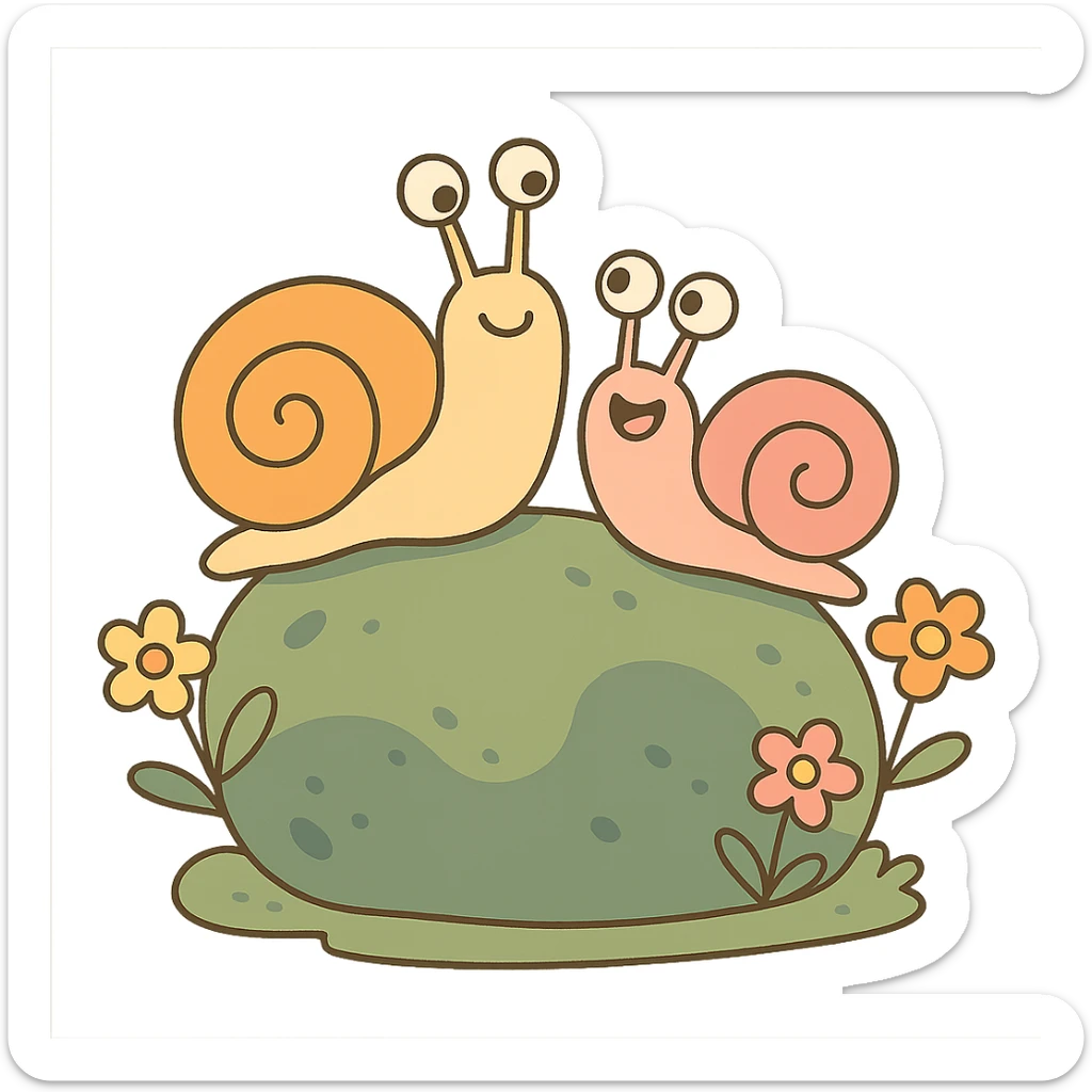 mossy rock with snails and small flowers in earthy pastel colors, pastel toon style sticker