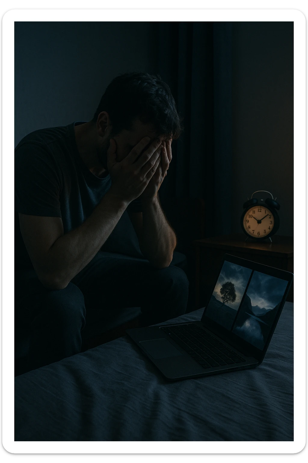 an sits on the edge of his bed, head in his hands, with a laptop open beside him displaying or suggestive images. On the nightstand, a clock shows late hours, and the man’s body language conveys exhaustion and regret. The atmosphere is somber, focusing on the emotional toll. in italiano sticker