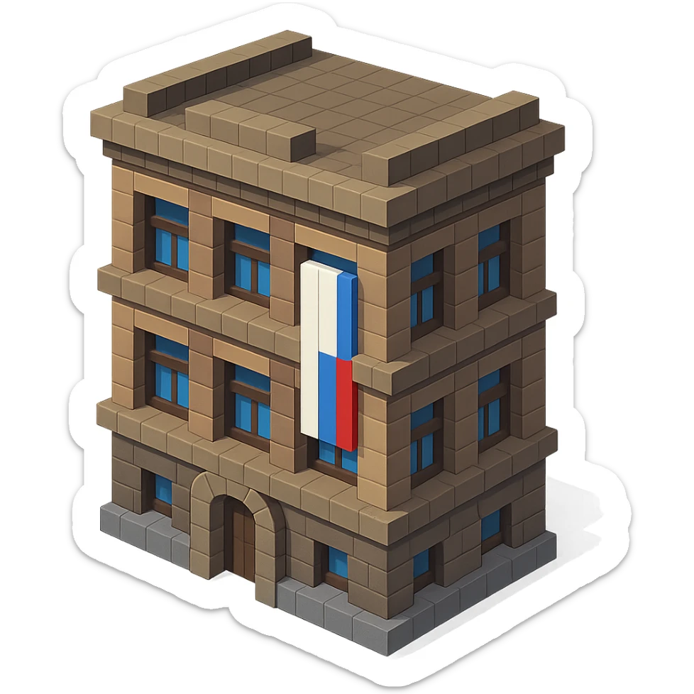 old Saint Petersburg building in voxel style, gray-brown tones, Russian flag hanging vertically in a window, isometric view sticker