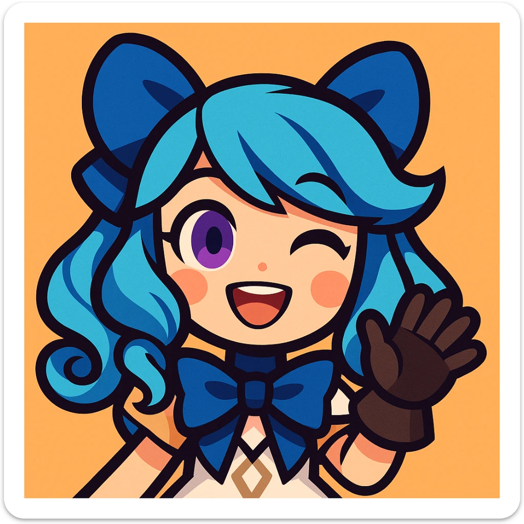 chibi style Gwen from League of Legends, only head, right eye purple, one hand waving with glove, smiling and energetic, vibrant toon style sticker