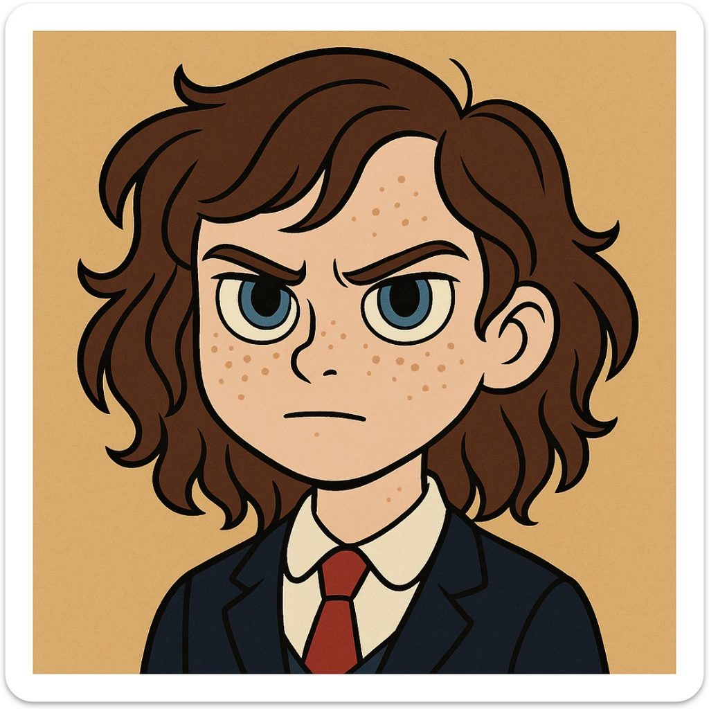 Make the girl's hair longer and curly, and put her in a school uniform. Maintain the original style and details of the image. sticker