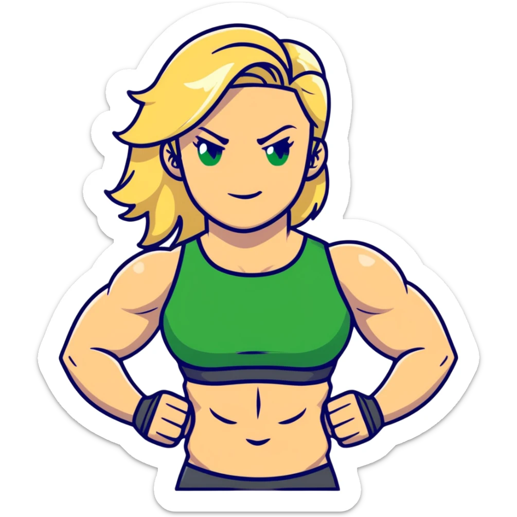 muscular white girl with blonde hair and green eyes, flexing 6 pack abs and one arm bicep sticker