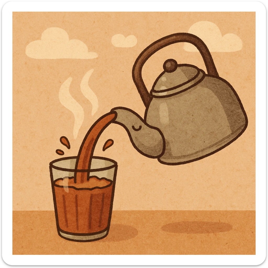 cartoon style karak tea being poured from a metal teapot into a glass, with splashes and steam sticker
