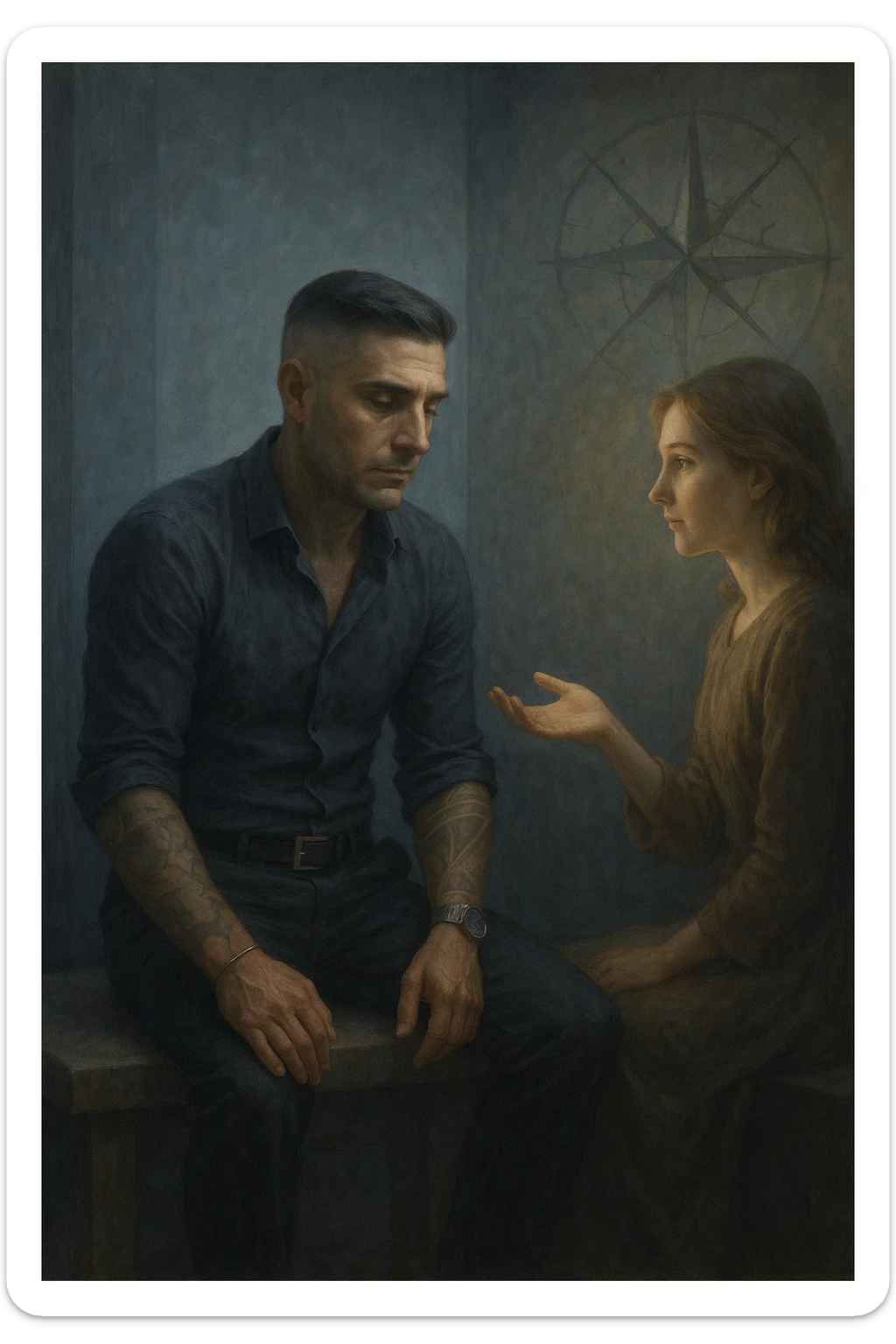 Uomo tra i 35 e i 45 anni seduto su una panchina o in una stanza tranquilla, sguardo rilassato ma spento, come sollevato nel mentale ma svuotato nello spirito. Davanti a lui una donna lo guarda con dolcezza, mano tesa come per offrire una soluzione. L’ambiente attorno all’uomo è grigio-bluastro, con la sua aura maschile che si dissolve leggermente, mentre intorno alla donna una luce calda e stabile. Sullo sfondo, un simbolo spezzato di bussola o direzione, a indicare la perdita di leadership interiore. Atmosfera riflessiva, stile realistico con simbolismi delicati sticker
