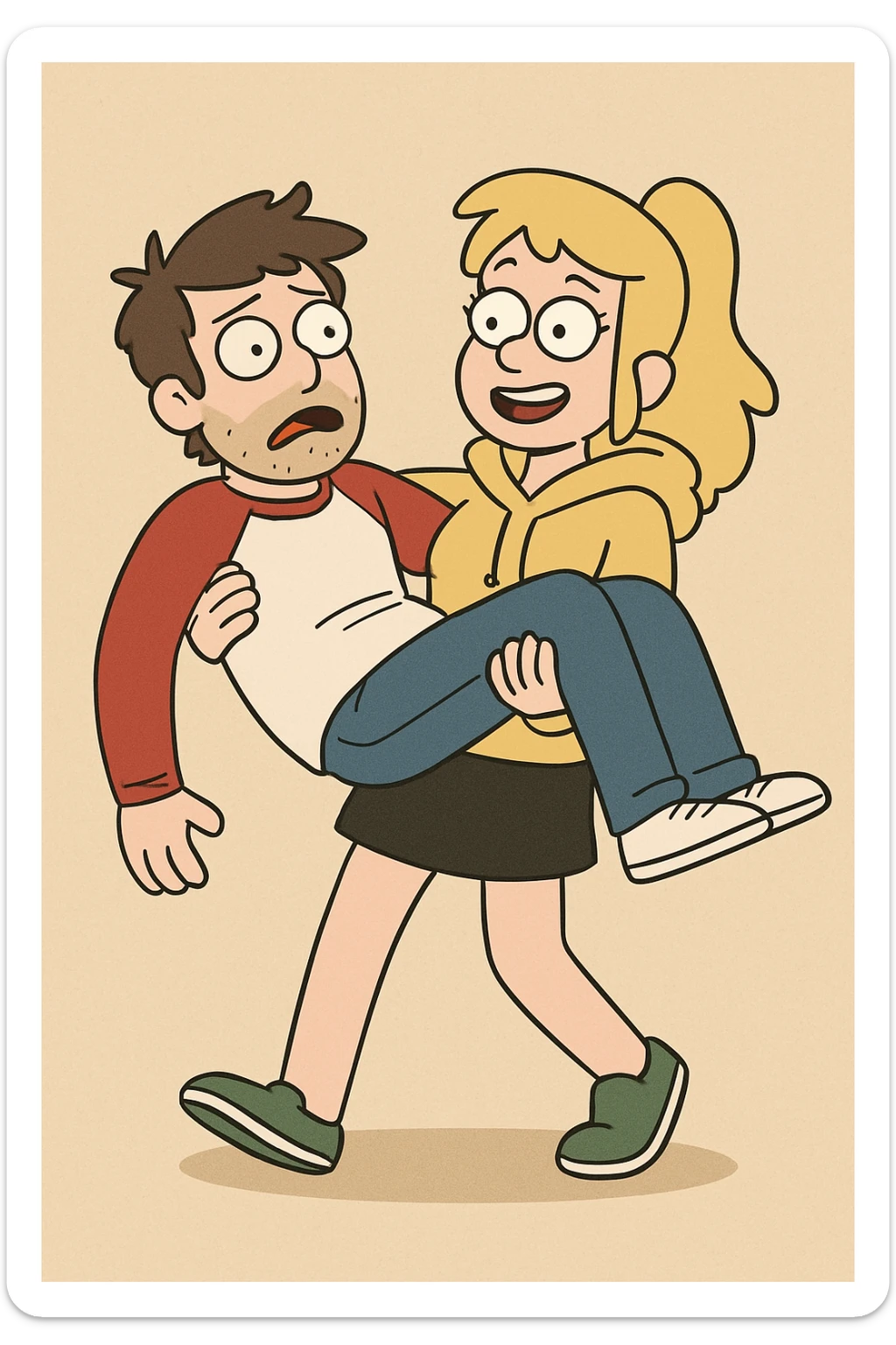 A man Raglan sleeves with Red t-shirts blue jeans white shoes carried by a cute a girl yellow hoodie black skirt green shoe  sticker