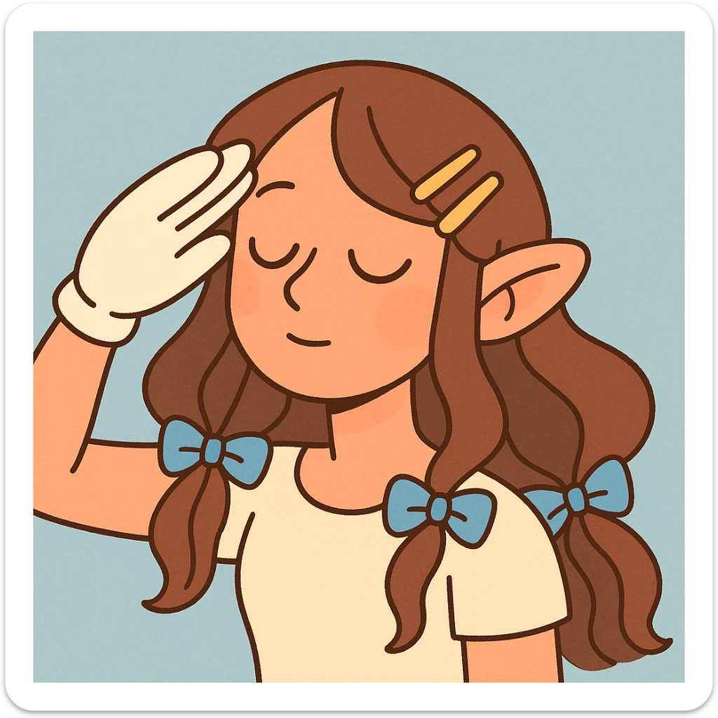 close-up digital illustration of a character with long wavy brown hair, golden hair clips, blue ribbons, soft pastel tones, light blue subtle textured background, eyes closed, head tilted, serene contemplative look, white glove on right hand saluting, pointy ears, slight blush, ethereal glow on face, exuding gentleness and vulnerability sticker