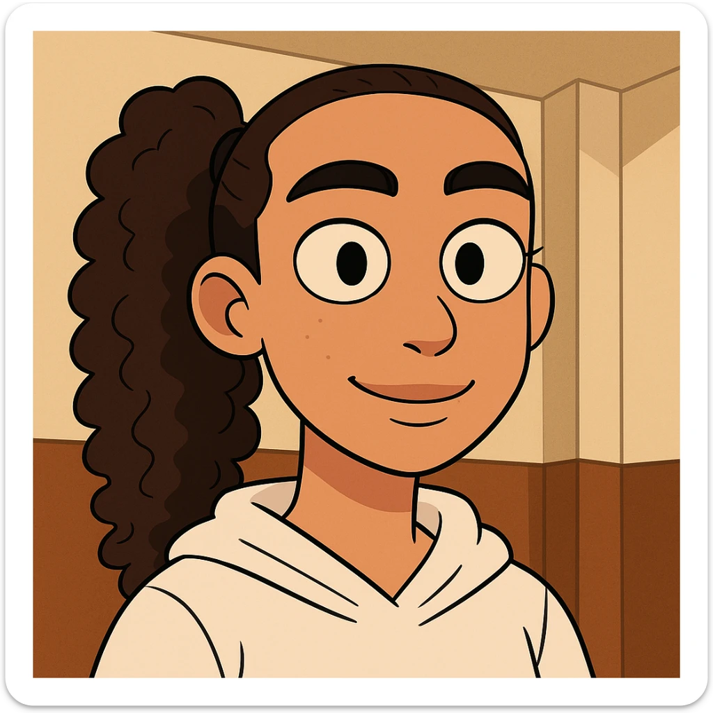 Haz una versión tipo dibujo animado de esta niña, resaltando su coleta y su pelo rizado sticker