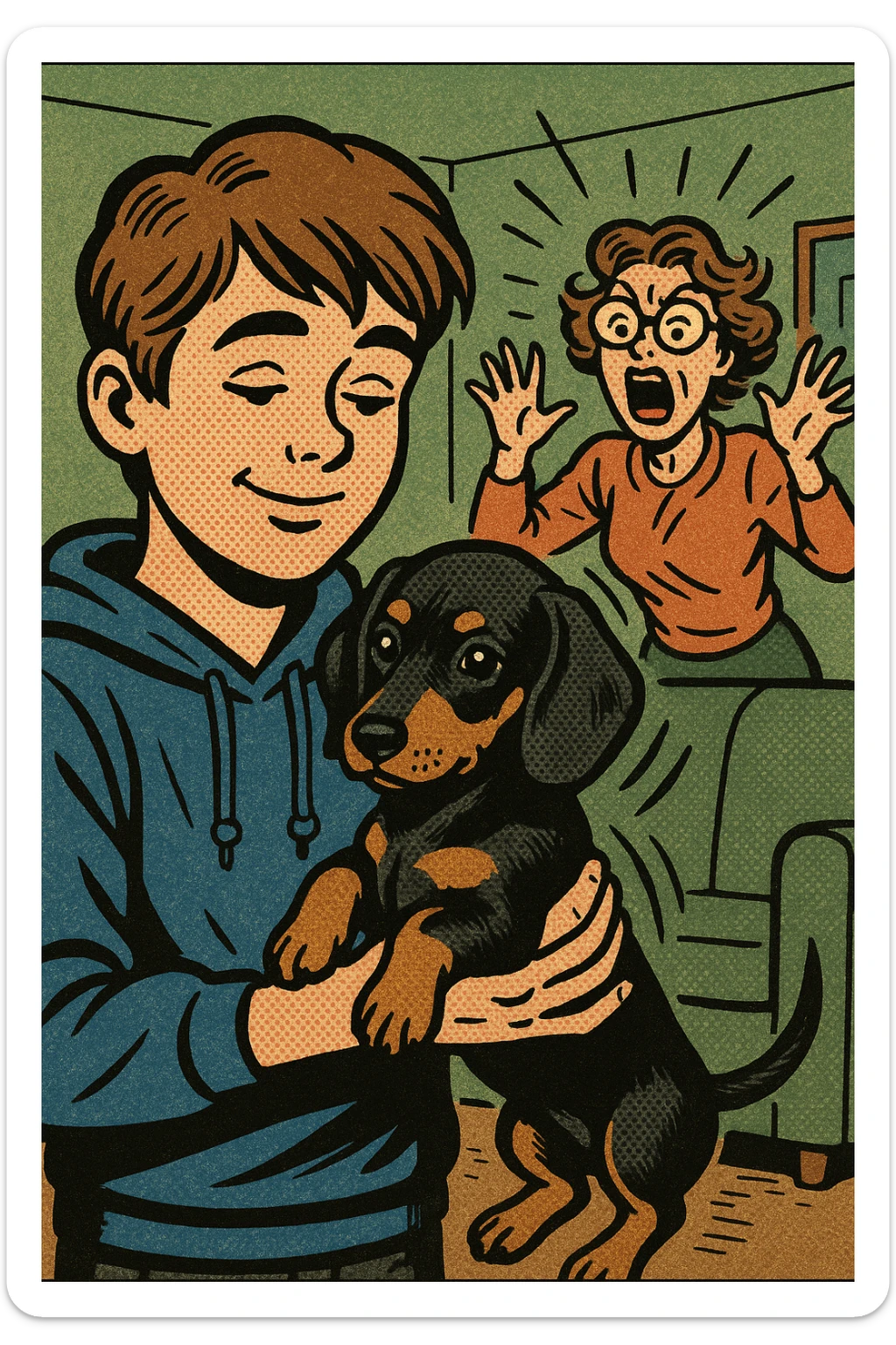 A modern day teenager with brown hair wearing a blue hoodie with a black and tan puppy dachshund in a green living room with a crazy mum with brown hair wearing big glasses in the background sticker