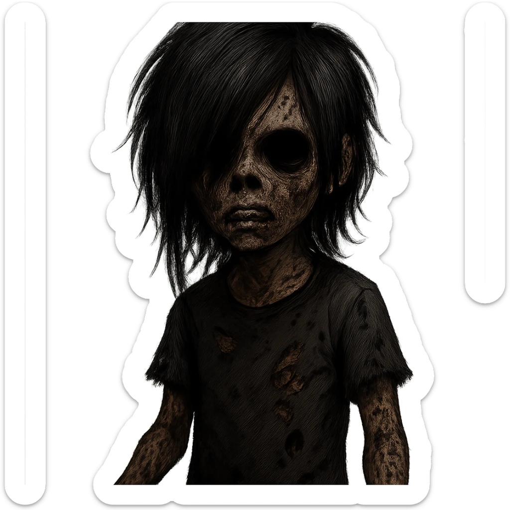 boy zombie with black hair, emo style, creepy, long hair, scary, black eyes, brown skin sticker