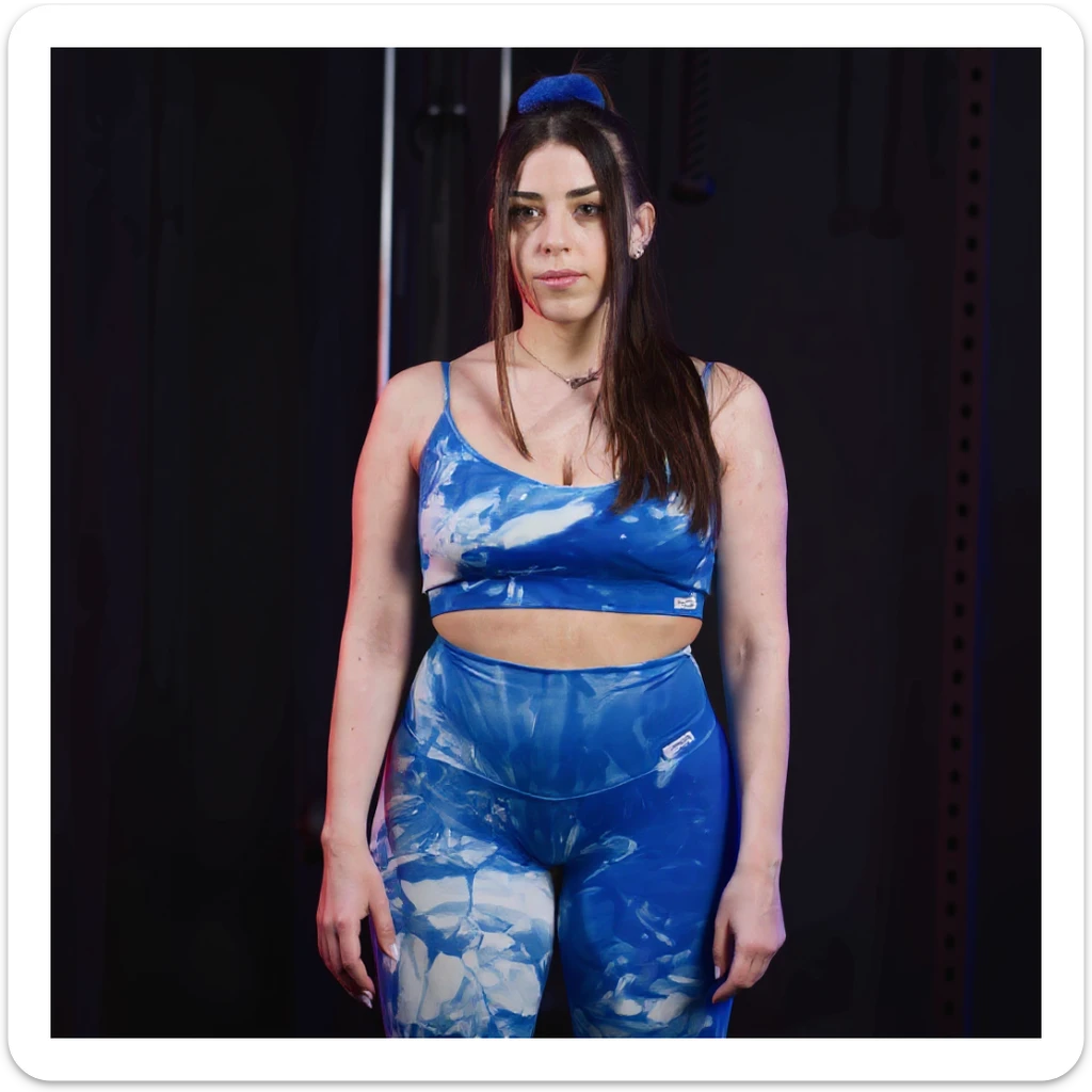 Realistic style image of a woman in sportswear inspired by the two reference photos, showing water retention on the legs with a transparent anatomical section revealing fluid accumulation in subcutaneous tissues. Medical style, front view, neutral background, realistic appearance. sticker