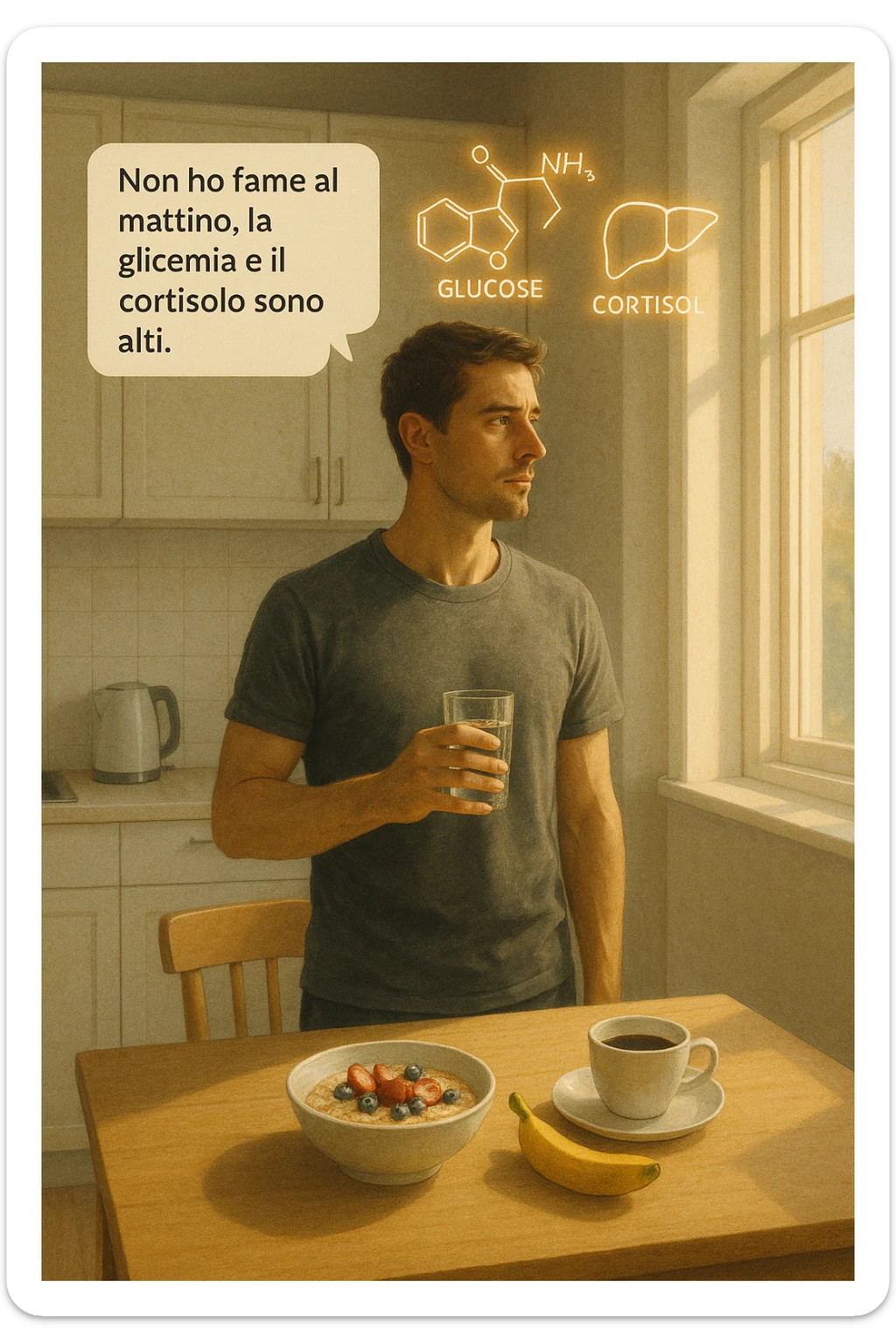 A realistic, cinematic illustration of a man in his early 30s with a lean, healthy build, standing calmly in a bright, minimal kitchen in the early morning. On the kitchen table, there is a prepared but untouched healthy breakfast (oatmeal, fruit, coffee). The man, with a neutral and focused expression, holds a glass of water while looking out of the window where morning sunlight enters. Above him, subtle glowing medical icons display: a glucose molecule, a cortisol hormone symbol, and a liver icon, indicating high morning blood sugar and cortisol levels. A small speech bubble or text overlay says: ‘Non ho fame al mattino, la glicemia e il cortisolo sono alti.’ The scene conveys a sense of calm, clarity, and body awareness, showing that the man consciously avoids breakfast due to physiological signals rather than restrizione. The style is realistic, warm, with a slight film grain, emphasizing health and conscious self-regulation. sticker