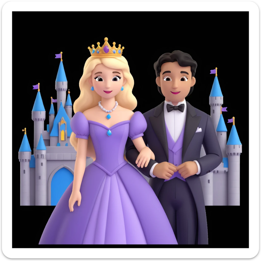 prince and princess Disney dress close up photo in castle background sticker