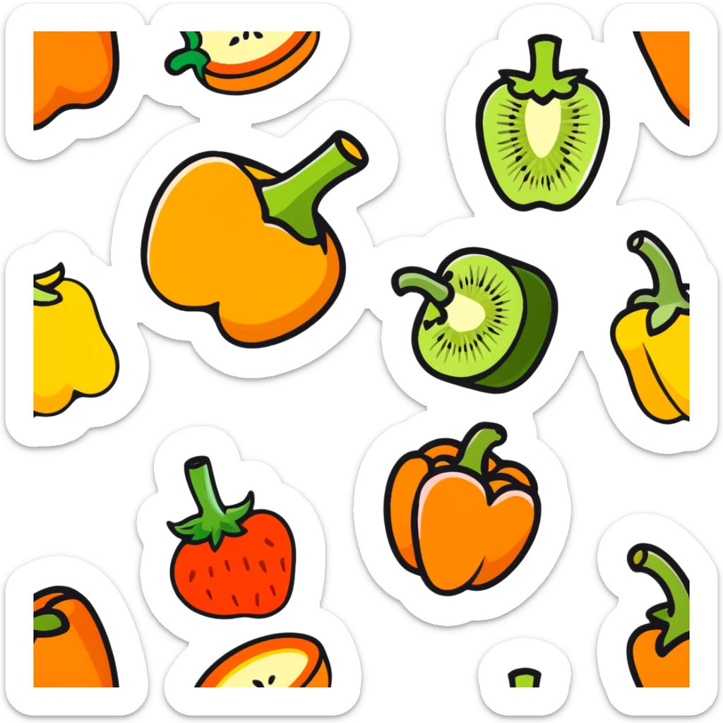 Various vitamin C rich foods: orange, kiwi, strawberry, bell pepper sticker