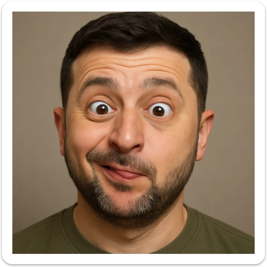 photorealistic emoji style portrait of Vladimir Zelensky with a slightly silly expression sticker