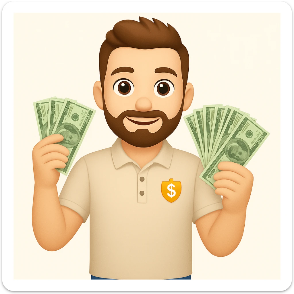Peau un peu plus claire et cheveux relevés sur l'homme barbu châtain en polo avec des liasses de billets, make it emoji style sticker