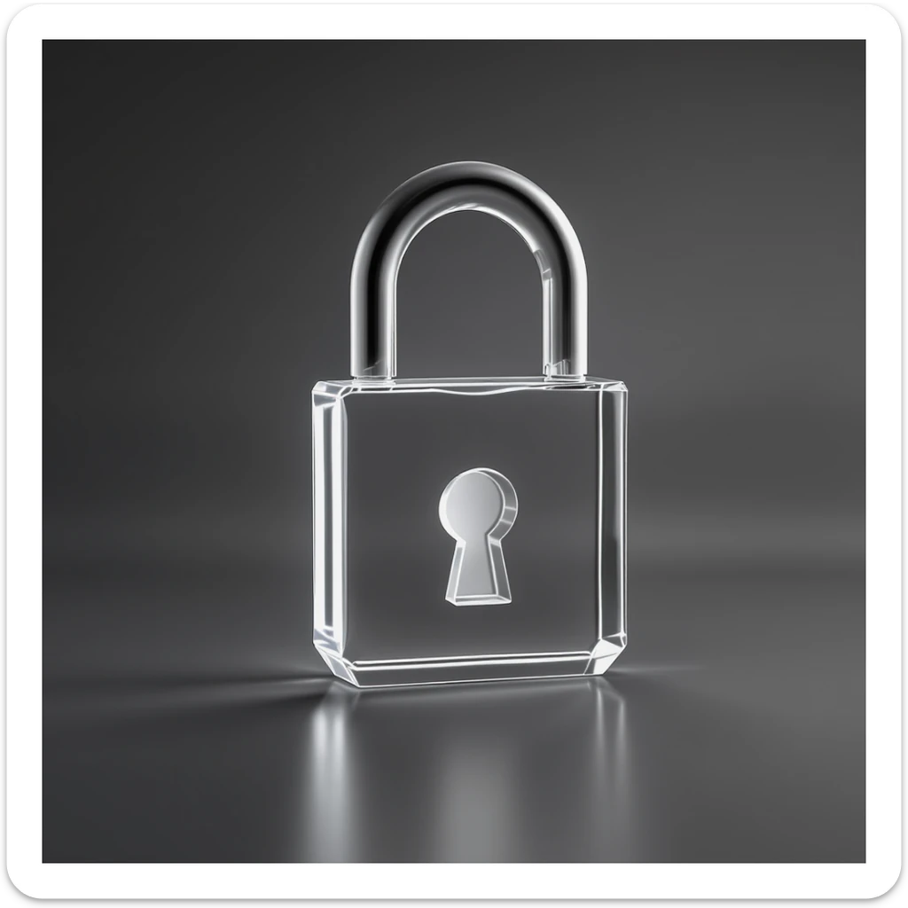 Photo of a 3d made of glass padlock, black void around symmetrical 3d render, rim light sticker