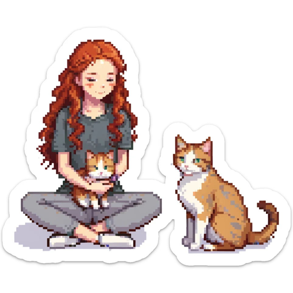 Remix: Beautiful girl with long curly red hair, inspired by the reference, petting a gray and blonde mixed cat, pixel art style, girl sitting cross-legged, cat curled beside her sticker