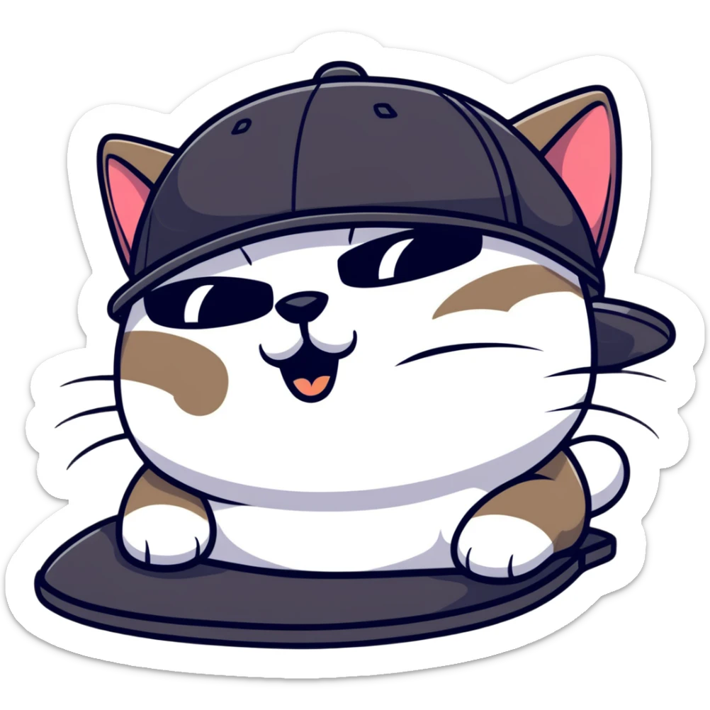 close-up of cat's face with one eye completely closed in an obvious wink, other eye open, wearing black snapback cap, black sunglasses positioned low on nose so cat is peeking over them, mischievous expression sticker