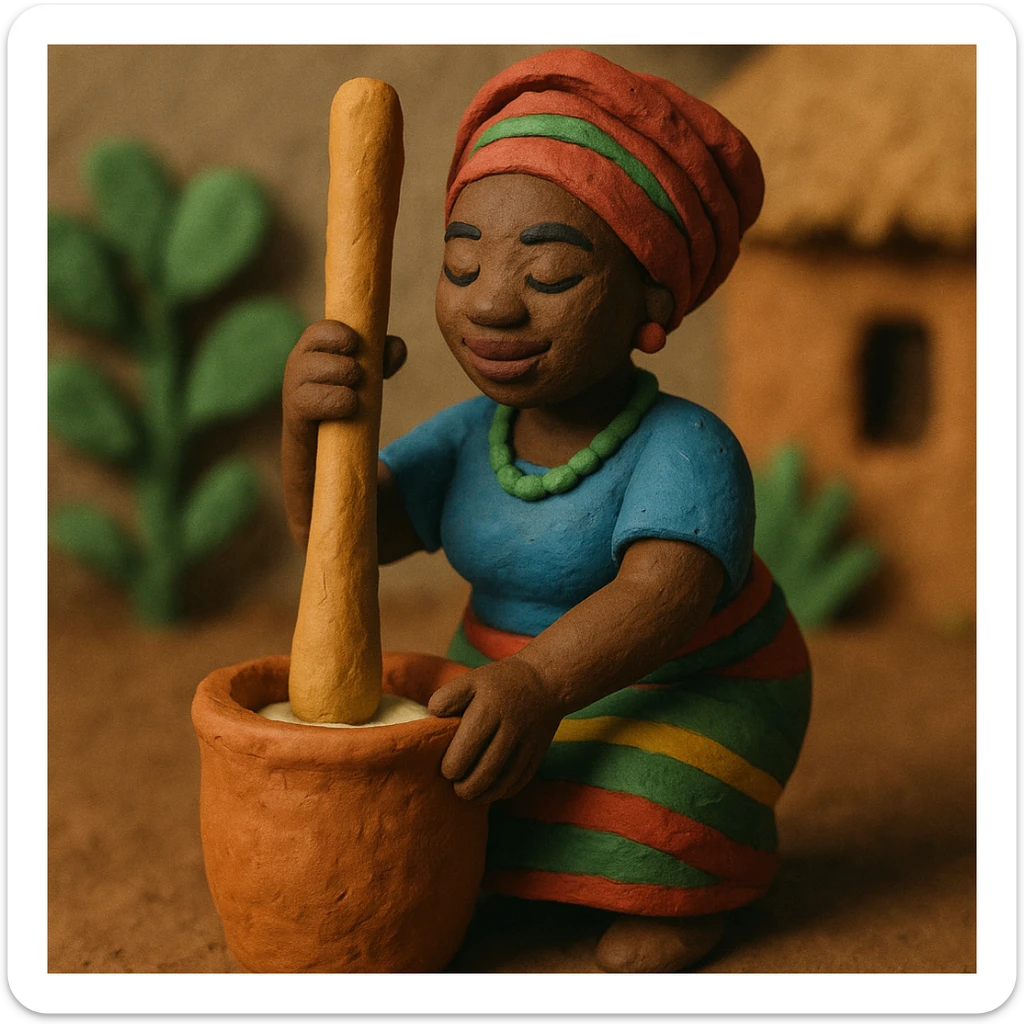Nigerian woman pounding yam with a mortar and pestle, traditional attire, vibrant colors, handcrafted matte slightly textured claymation style sticker