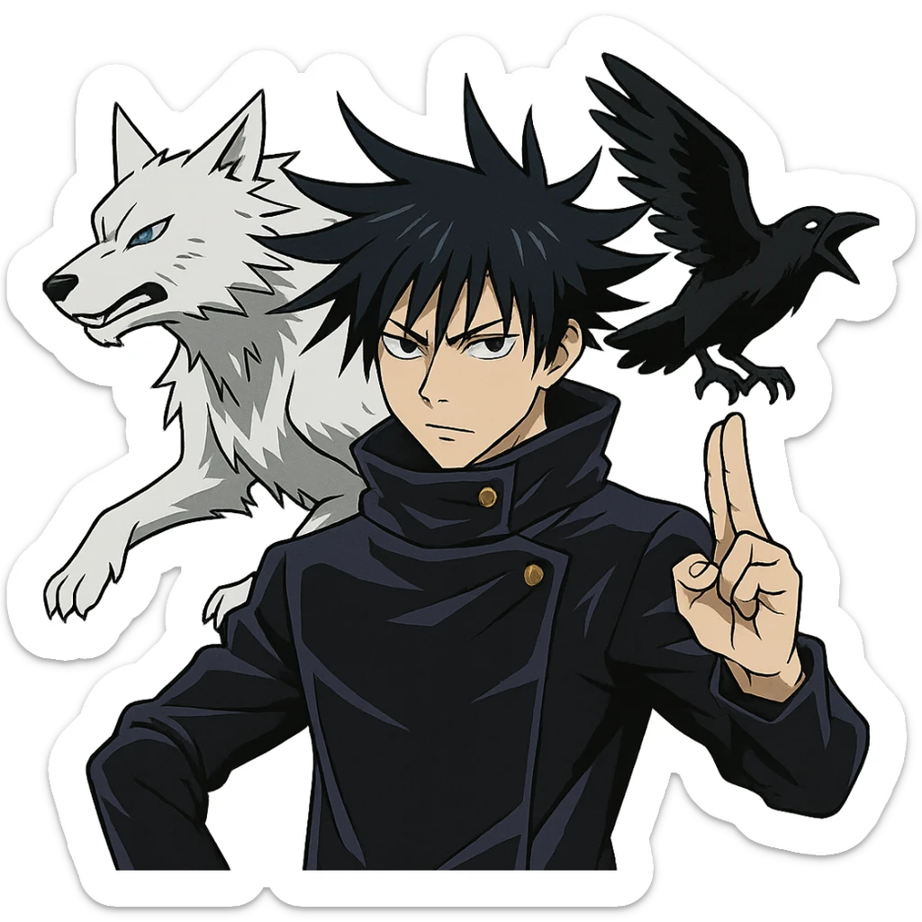 Megumi Fushiguro from Jujutsu Kaisen, spiky black hair, serious look, summoning shikigami, anime style sticker