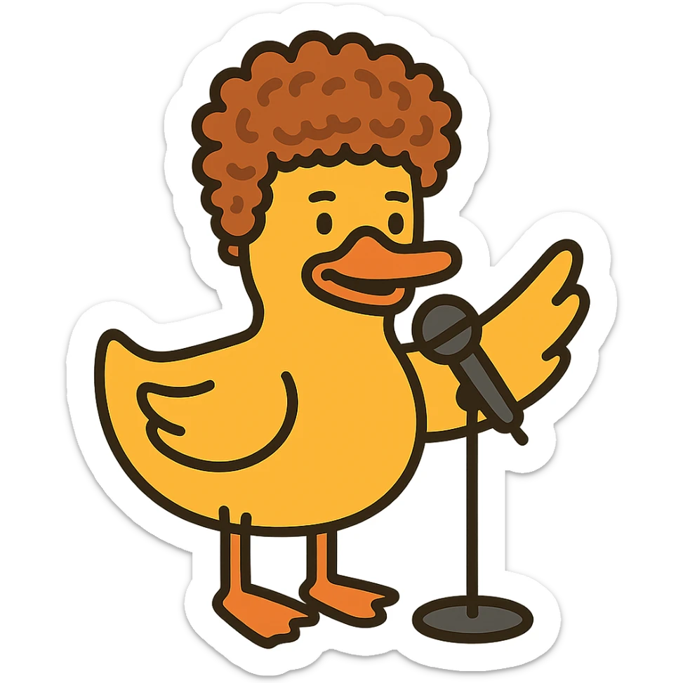 flat toon style duck with Jeff Ross's hair and a stand-up comedy vibe sticker
