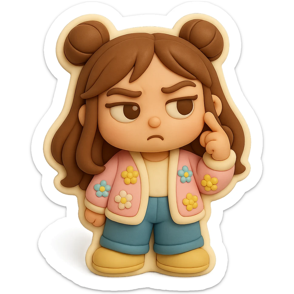 3D chibi fondant cake art style, high-quality rendering with smooth shadows and soft gradients. Girl based on reference image with preserved facial features and eye shape, long brown hair in two space buns, brown eyes, jeans, pastel floral cardigan, shoes, thick white outline like a sticker, transparent background. Expression: Spinning finger near her temple with a contemptuous expression (no whistling). Ensure the face, hairstyle, eye shape, and shoes match the reference exactly. sticker