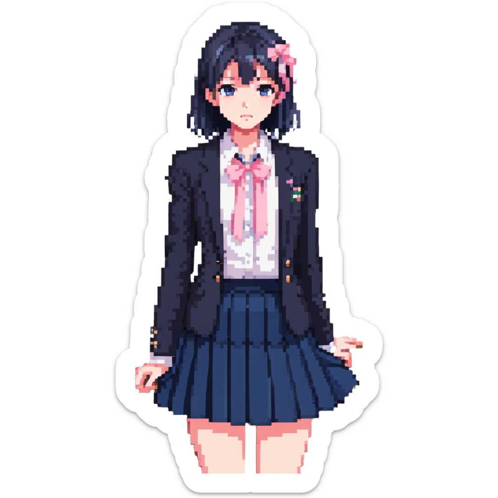 Japanese anime schoolgirl in a navy blazer, white blouse with pink ribbon, navy pleated skirt, standing in a classroom at sunset with orange glow and long shadows, one desk pulled out, black shoes, looking toward window, mood of absence and longing sticker