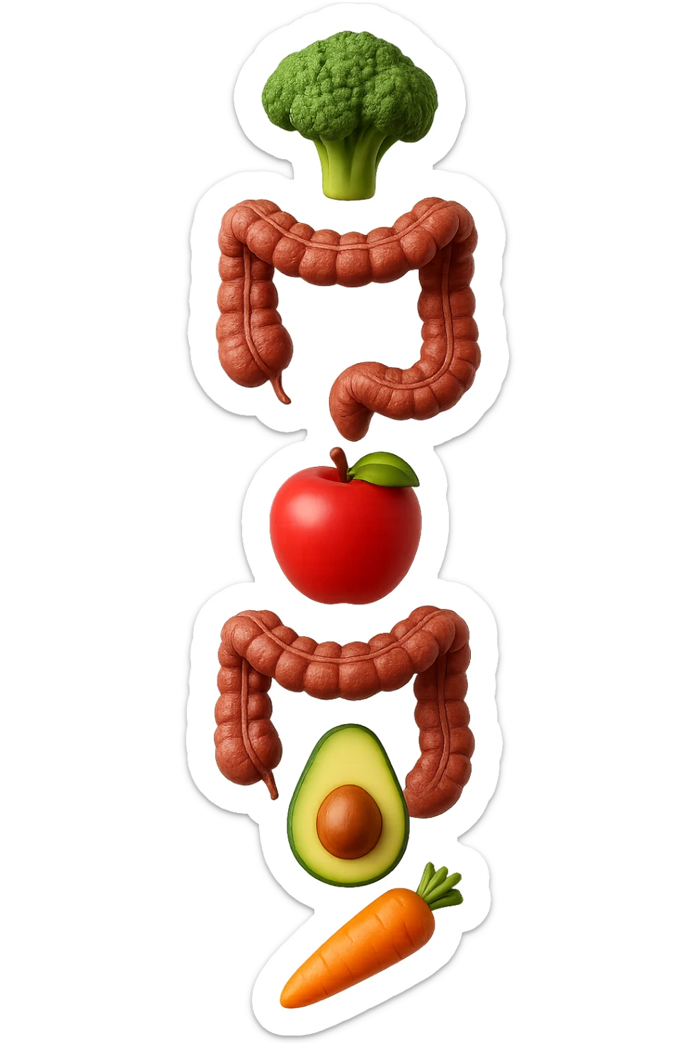 emoji stile iphone in 3d di cibo sano che fluttua in aria vericalmente insieme a pezzi di colon umano anatomico, iperrealistico 4k sticker