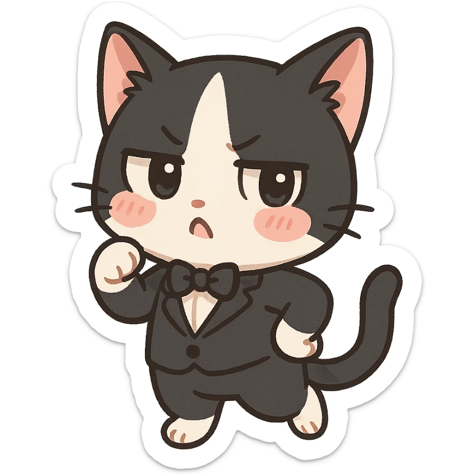 Make a cow cat into a cat in a tuxedo, with black and white fur and a tsundere, cute expression. Keep it in a playful chibi sticker style with no background. sticker