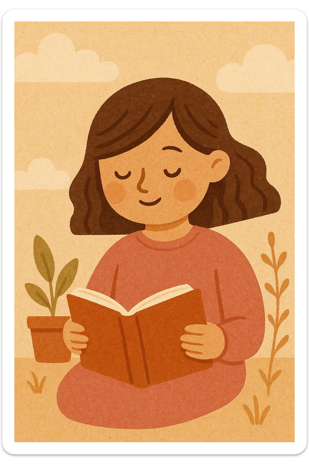 a girl in pink clothes reading a book, warm and friendly style, soft warm colors, inviting atmosphere sticker