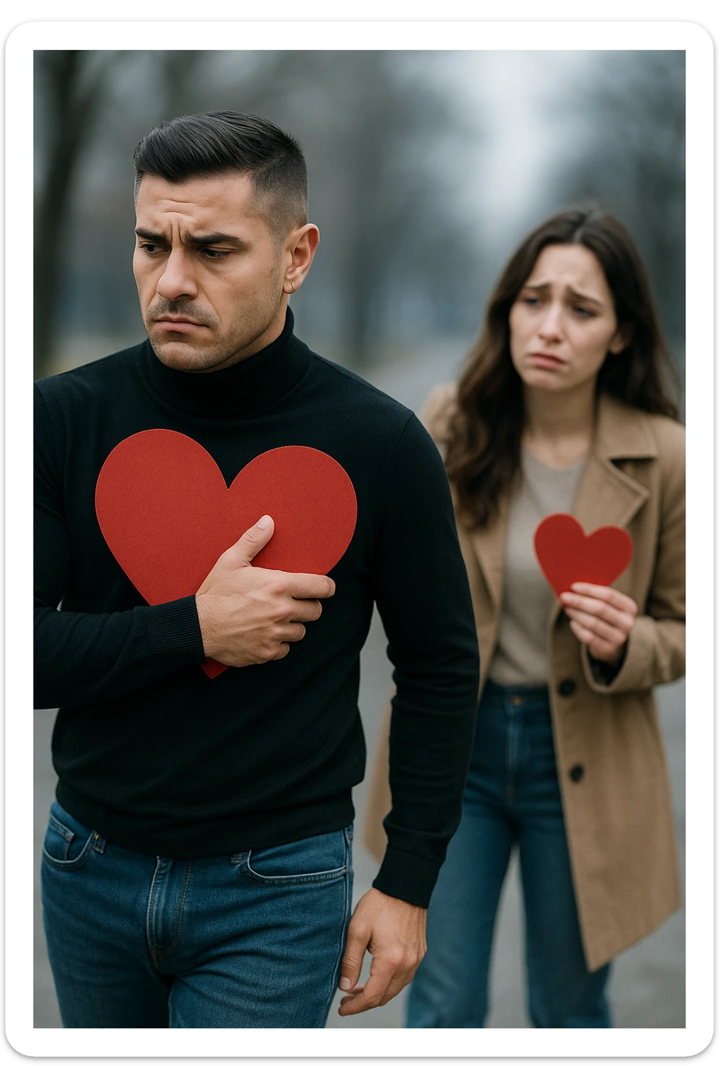 un uomo italiano in abiti casual si allontana da una donna che cerca di abbracciarlo. Lui stringe al petto un grande cuore rosso, mentre lei ne tiene uno più piccolo; entrambi hanno espressioni tristi, e la distanza emotiva è sottolineata da uno sfondo sfocato e freddo. sticker