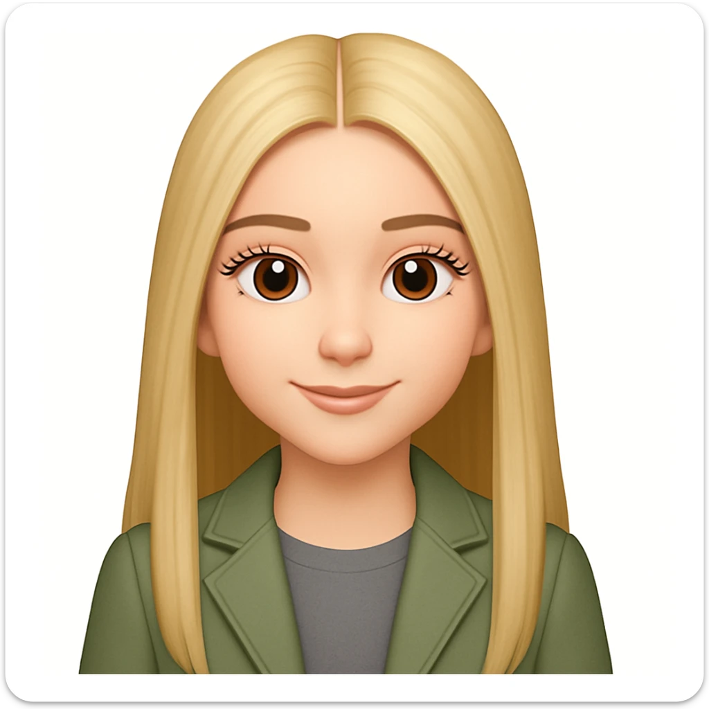 Make the smiling girl have longer straight blonde hair with a middle part, bigger eyelashes, and a grey shirt under her sage green jacket. Maintain the original style and details. sticker