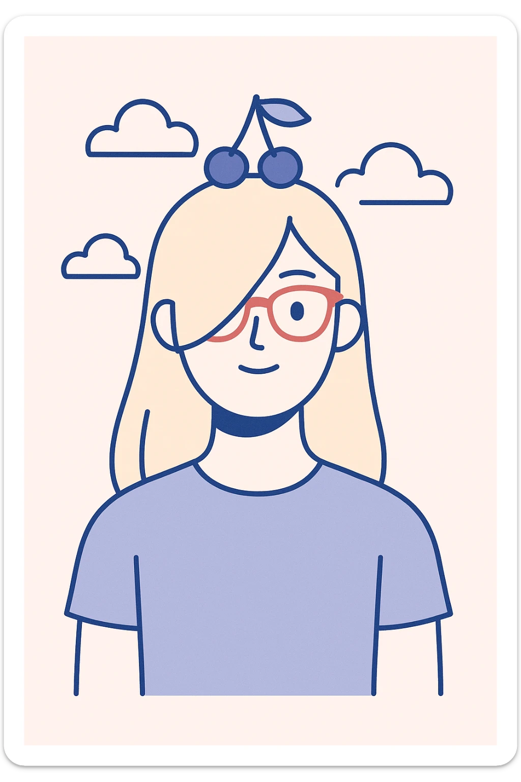 A woman with long blonde hair covering one eye, wearing a baby blue shirt, cherry accessories on top of her head, and red glasses, clean modern illustration style sticker