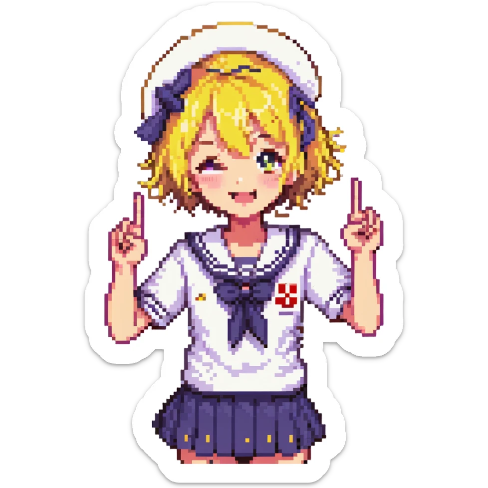 Pixel art anime girl with short bright yellow hair wearing Japanese sailor style school uniform, making victory peace signs with both hands, winking happily with excited expression sticker