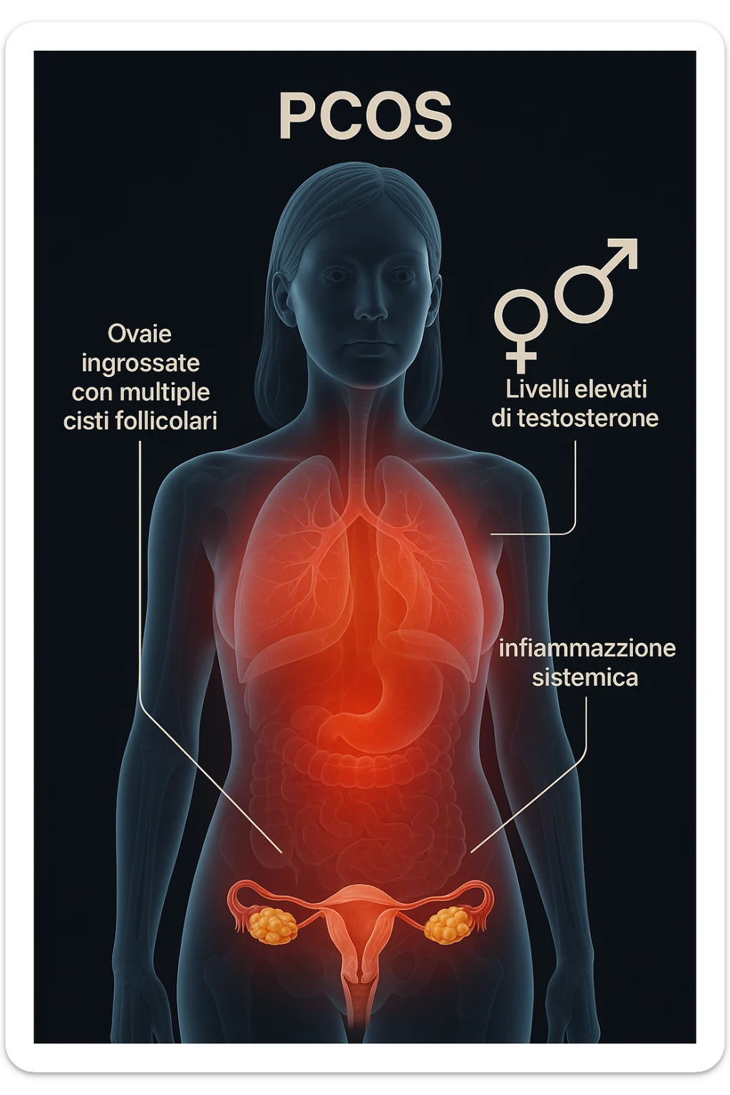 Illustrazione medica 3D del corpo della donna con PCOS: ovaie ingrossate con multiple cisti follicolari, livelli elevati di testosterone (simboli di ormoni maschili) e infiammazione sistemica (bagliore rosso). Sfondo scuro, dettagli scientifici accurati. in italiano sticker