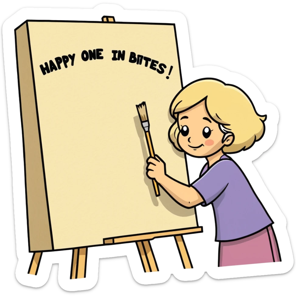 Older Woman with sandy blonde hair painter/artist painting a big canvas that reads “ANOTHER ONE BITES THE DUST - HAPPY BIRTHDAY” in 60’s hippie style painting sticker