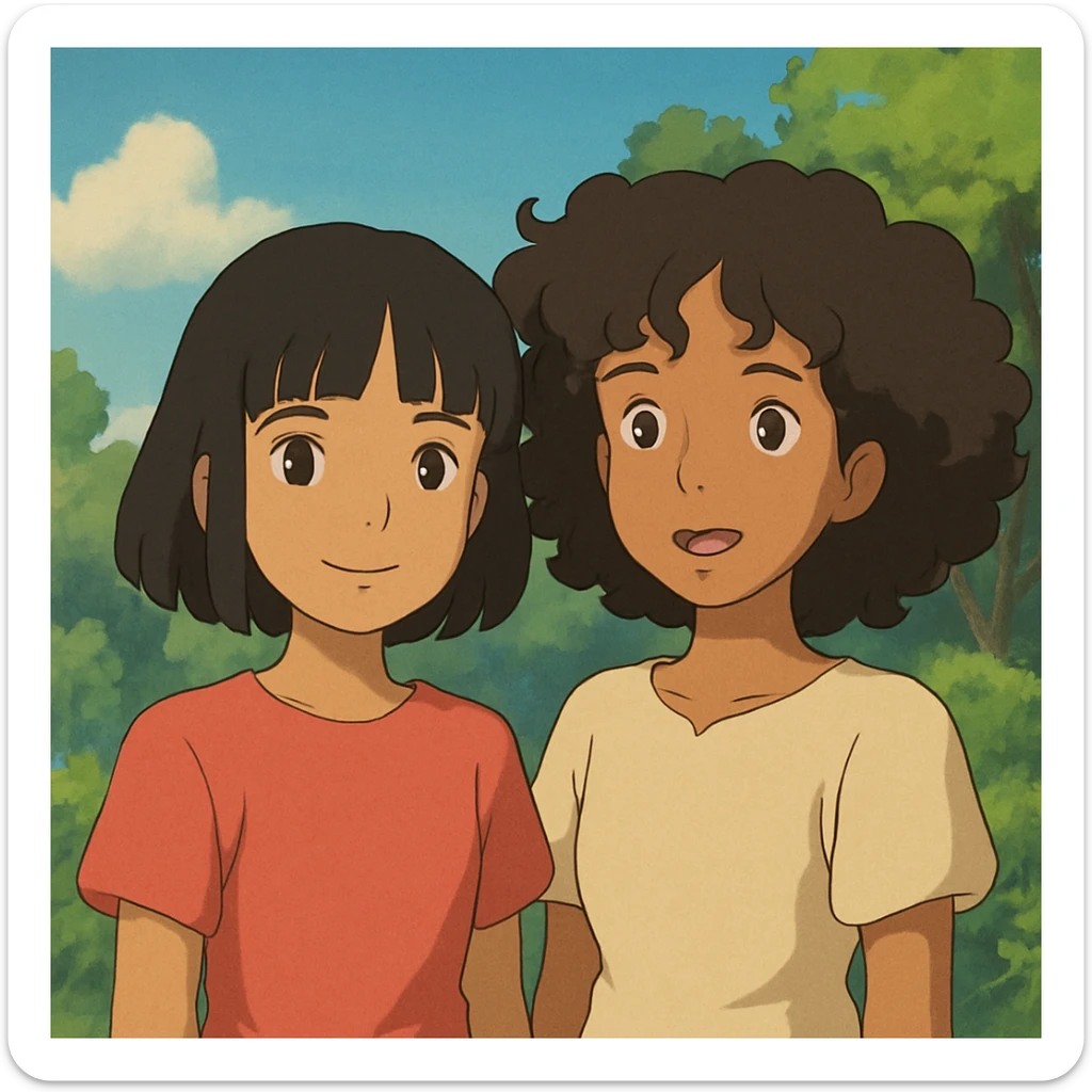 Una chica morenita con cabello lacio y fleco y otra chica a su lado morenita con el cabello chino sticker