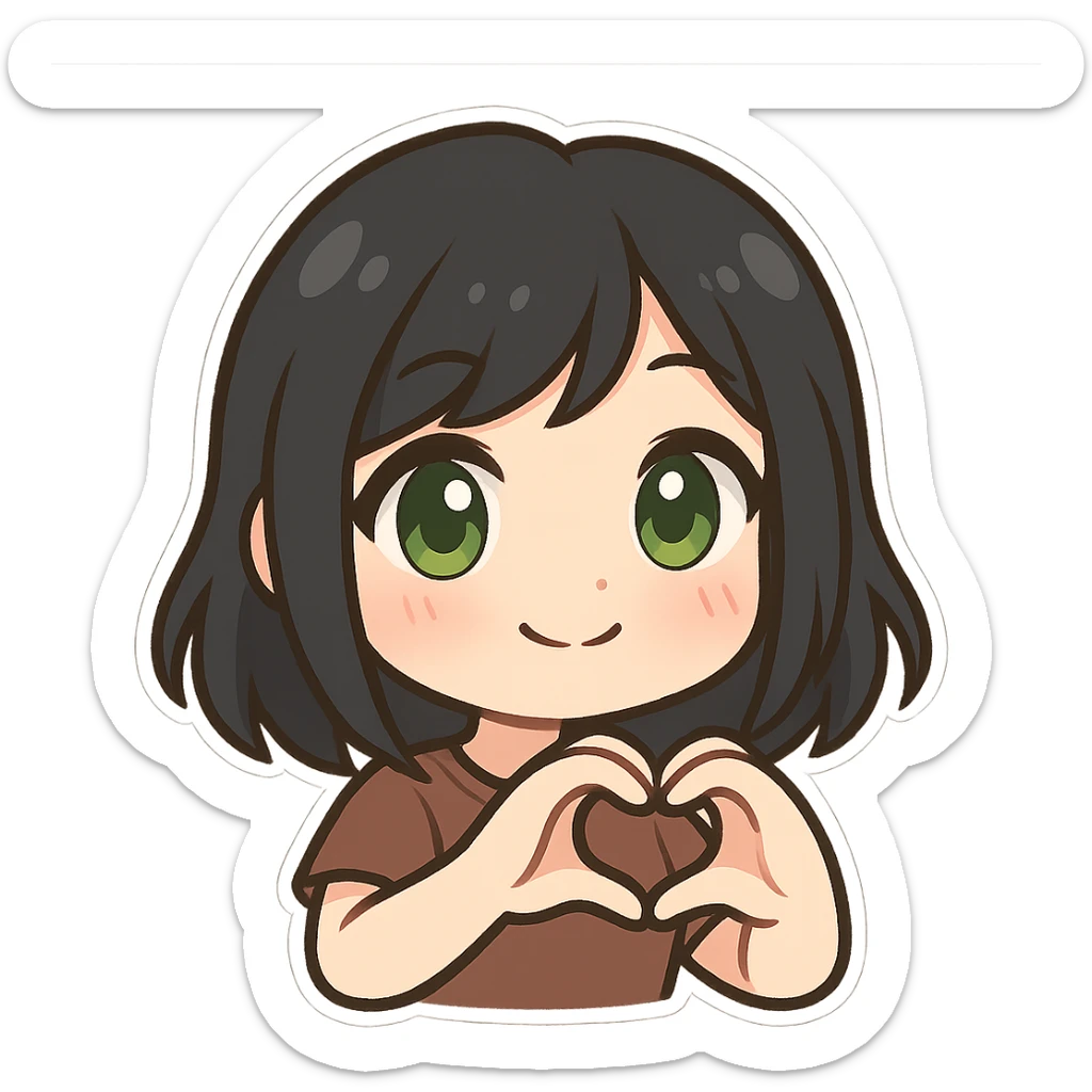 girl with black hair and green eyes, making a heart with her hands, twitch emote style sticker