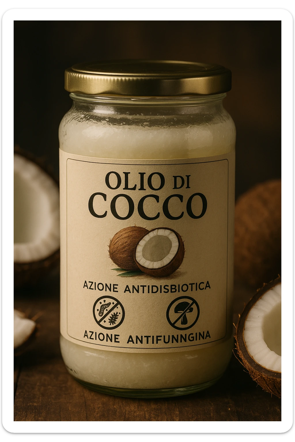 jar of coconut oil with Italian label 'Olio di Cocco', clear symbols of anti-dysbiotic and antifungal action (bacteria and fungi crossed out), realistic and cinematic style, vertical 2:3 aspect ratio, no other text. sticker