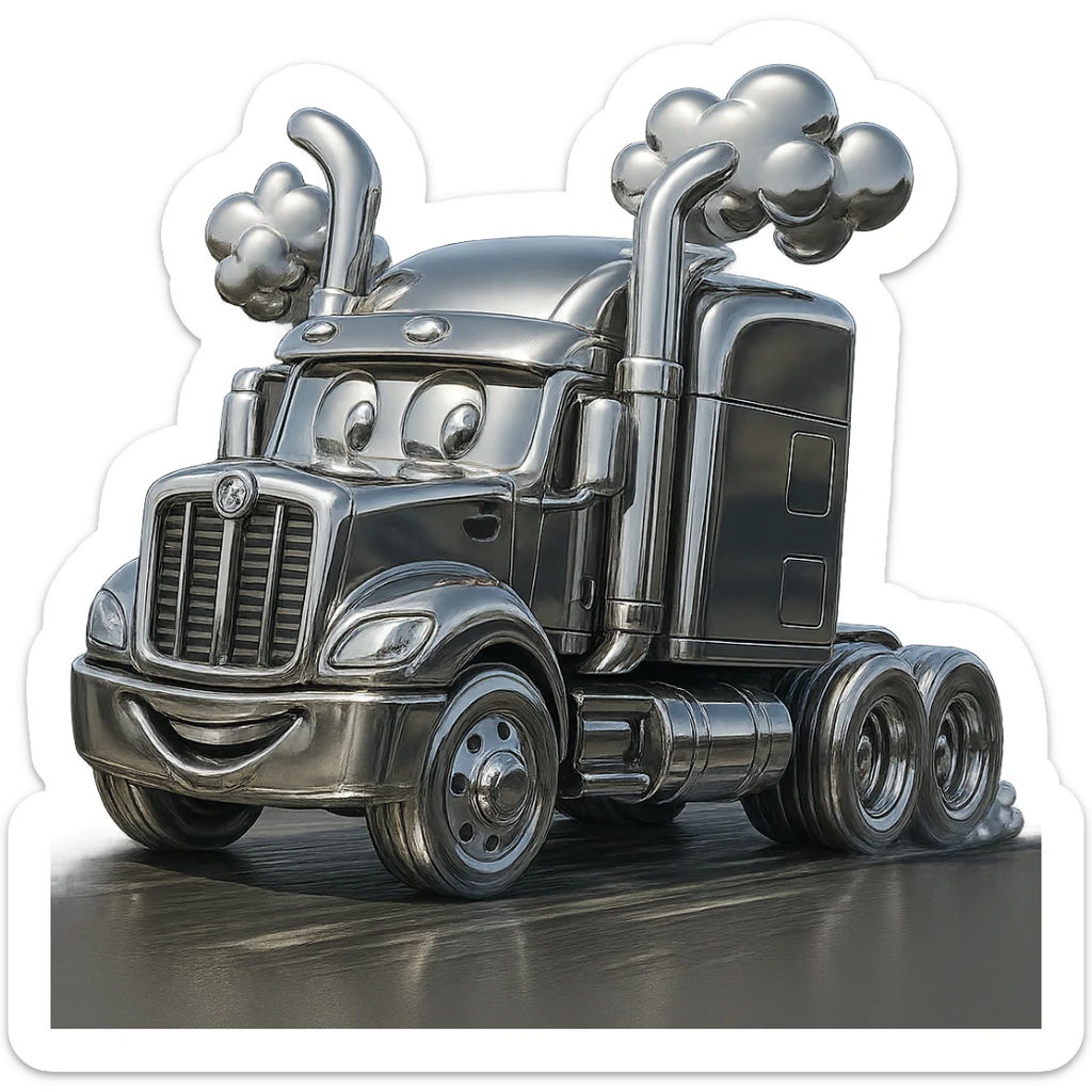 Add playful cartoon smoke coming out of the chrome stacks of the black Kenworth W680 truck rolling down the road. Make it cheerful and dynamic with visible road and motion effects, transparent background. sticker
