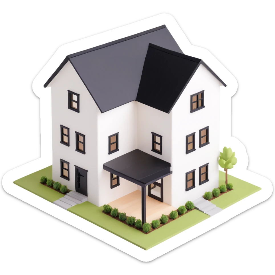 modern farmhouse dollhouse, white with black trim and wooden accents, 3d isometric  sticker